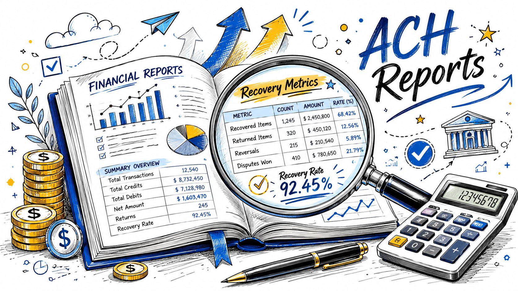 An illustrated book displaying financial reports and recovery metrics with a magnifying glass over the page.