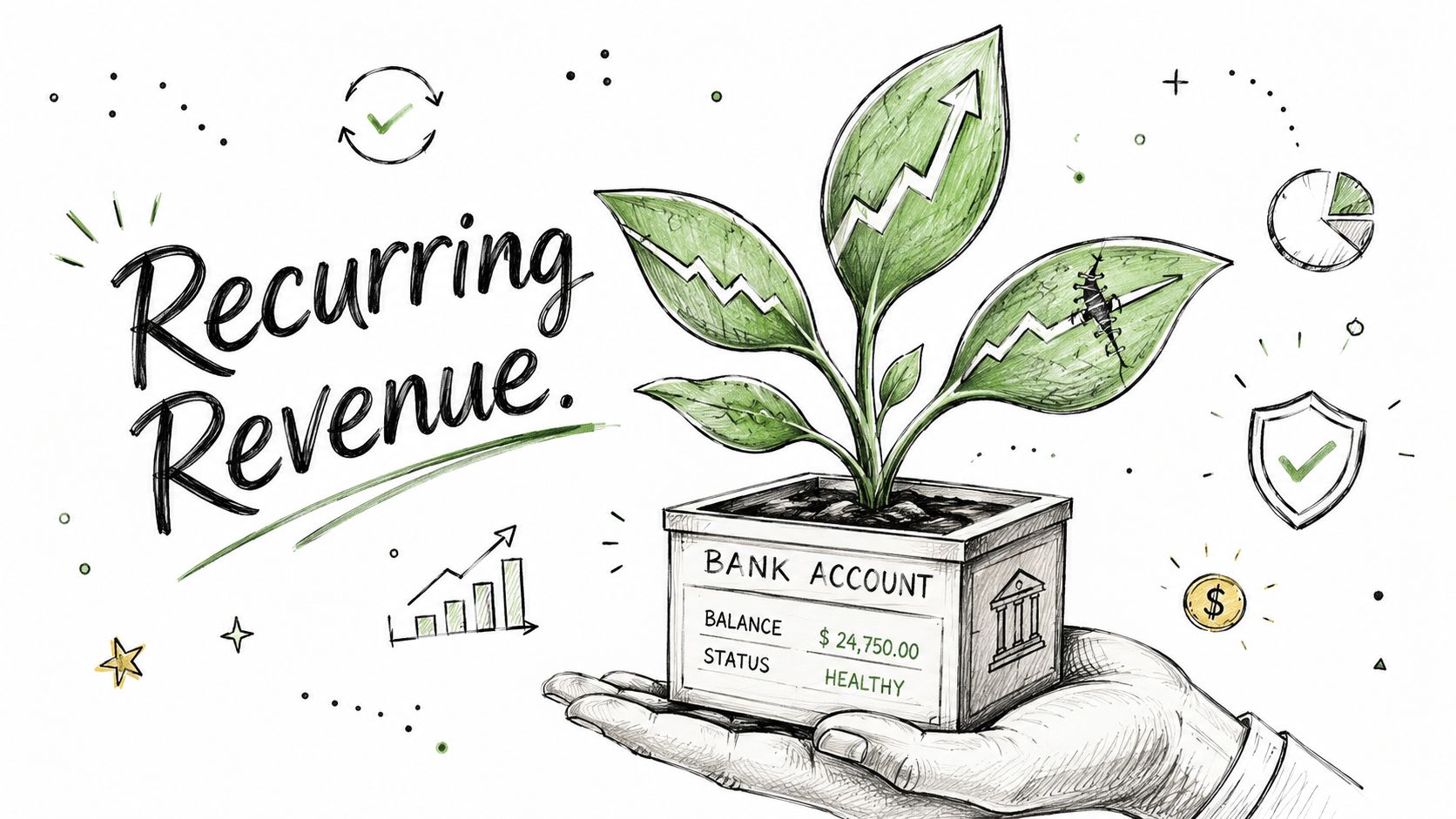 A hand holding a planter shaped like a bank account with a plant featuring growth arrows.