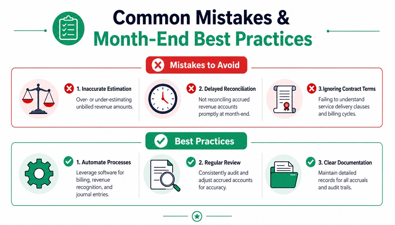 An infographic outlining common mistakes and best practices for managing month-end accrued revenue accounting processes.