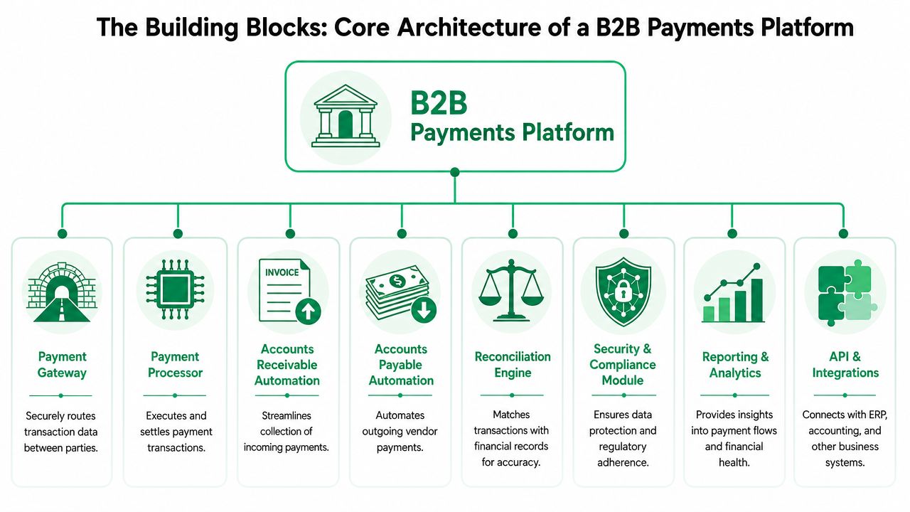 A diagram illustrating the core architecture building blocks of a professional B2B payments platform system.