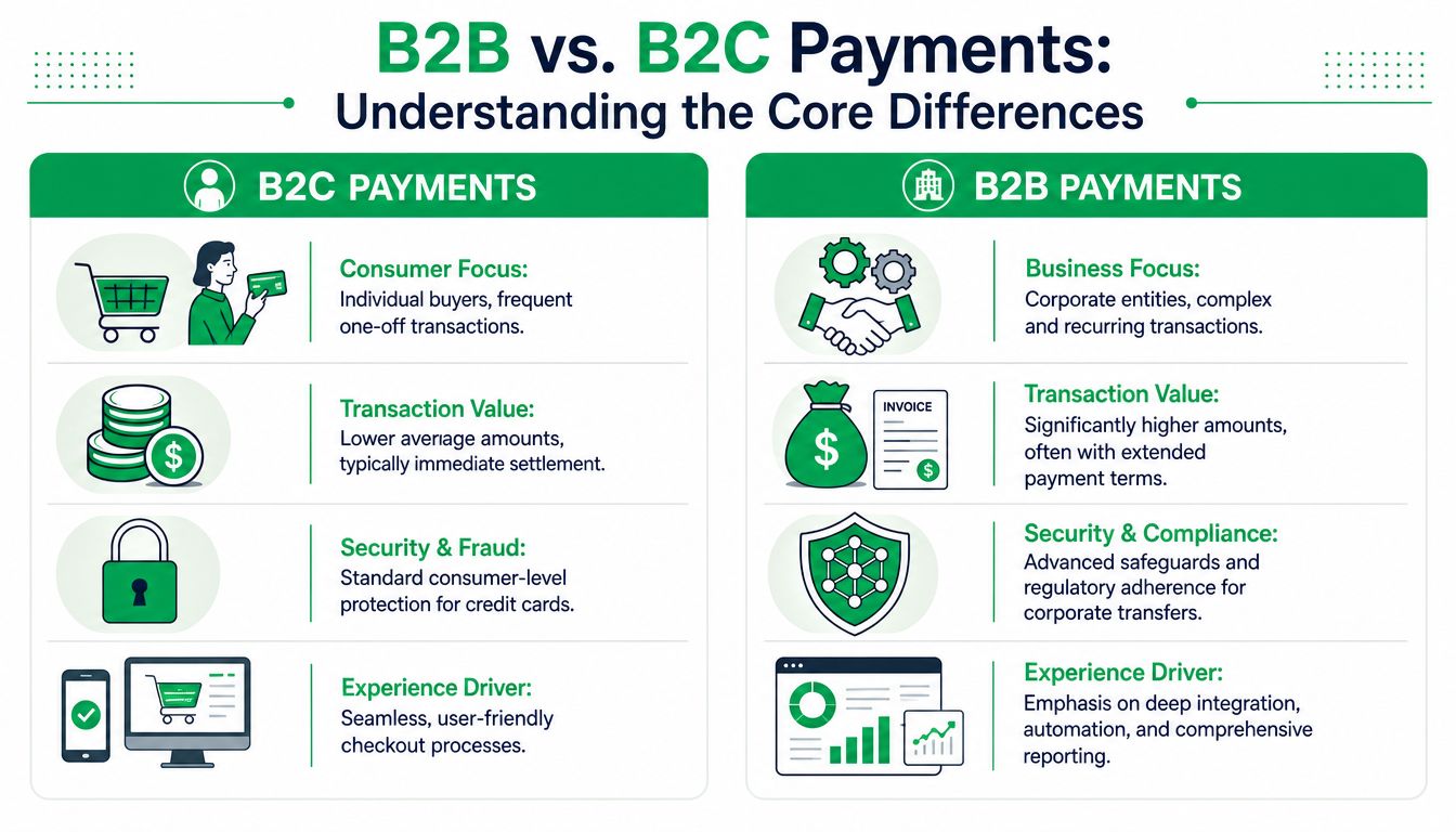 A comparison infographic detailing the core differences between B2C and B2B payment processes and business focus.