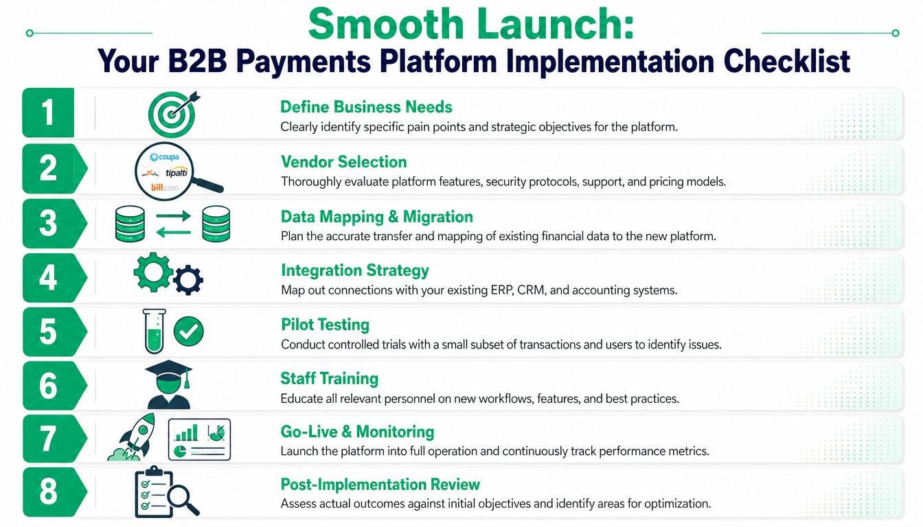 An infographic titled Smooth Launch outlining an eight-step B2B payments platform implementation checklist for business operations.