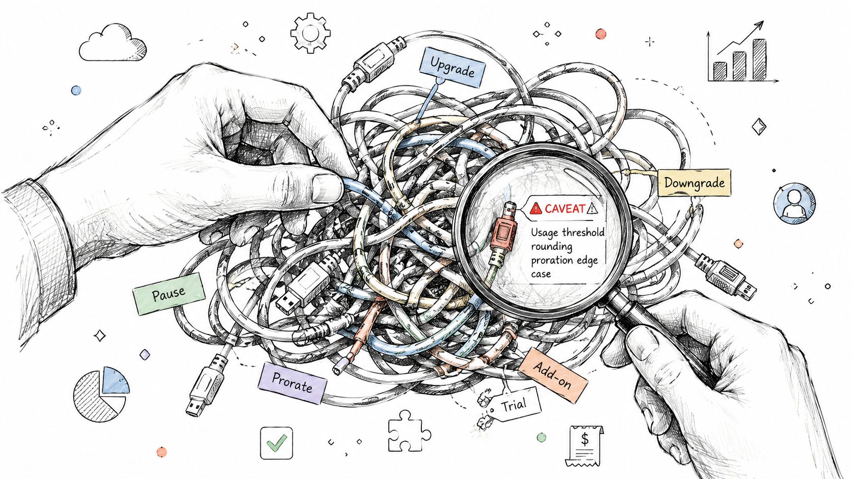 A hand untangling a mess of cables with a magnifying glass revealing complex subscription billing edge cases.