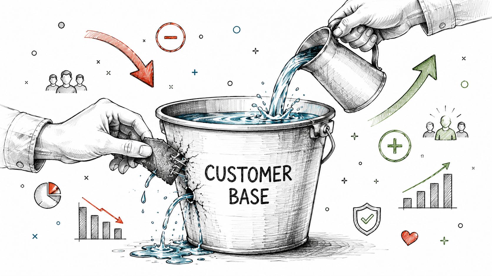 A conceptual illustration showing a hand patching a leaking bucket labeled customer base while water is poured in.