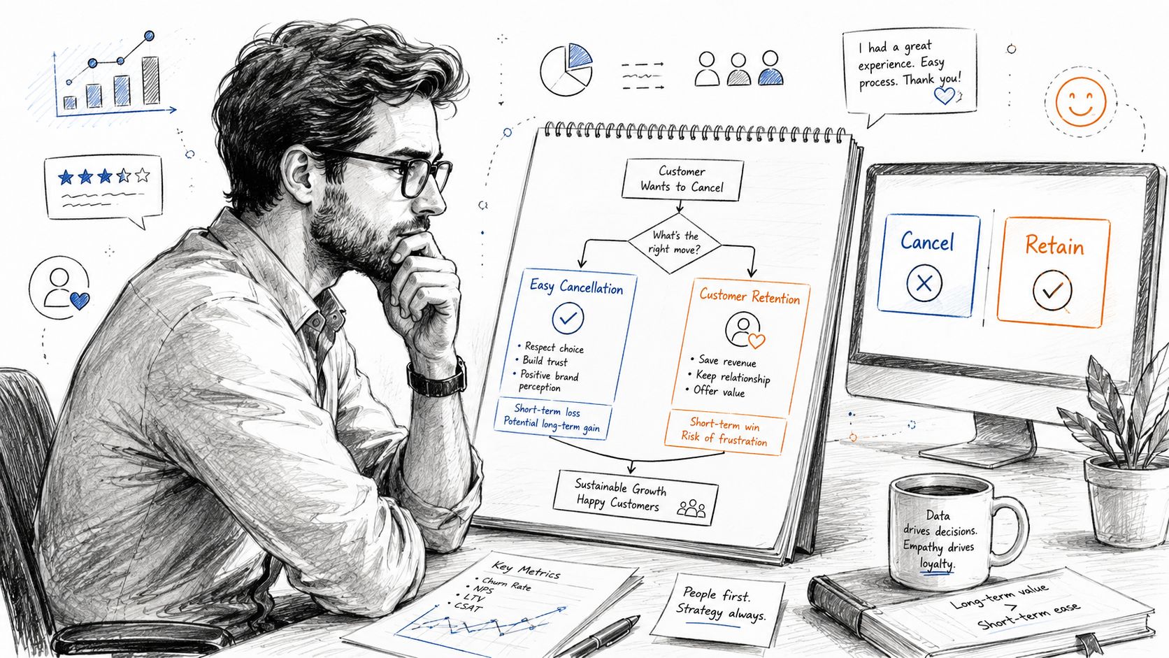 A professional analyzing a flowchart on customer retention strategy and cancellation processes for sustainable business growth.