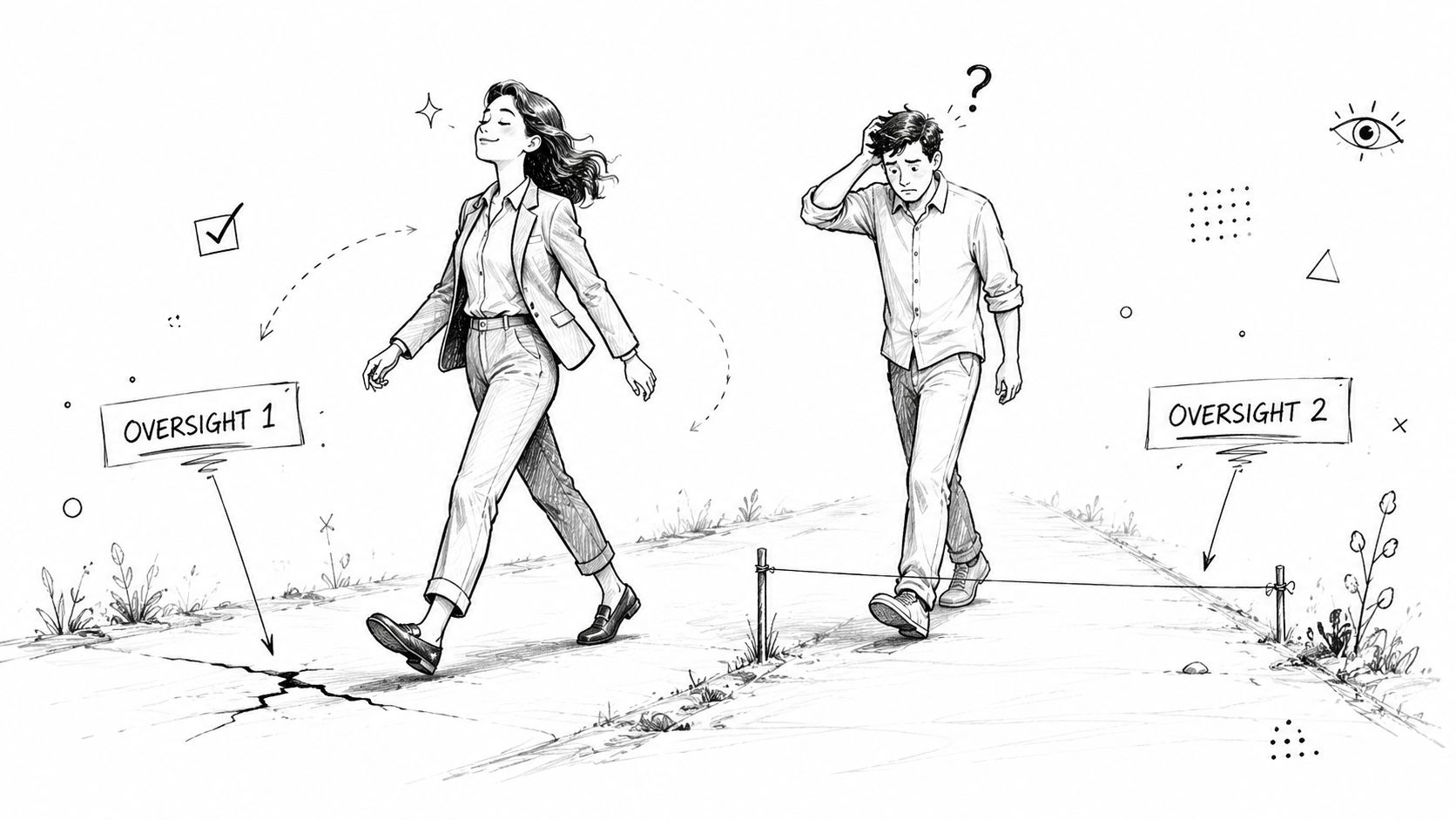 A conceptual sketch showing a confident woman avoiding a crack and a confused man tripping over a wire.