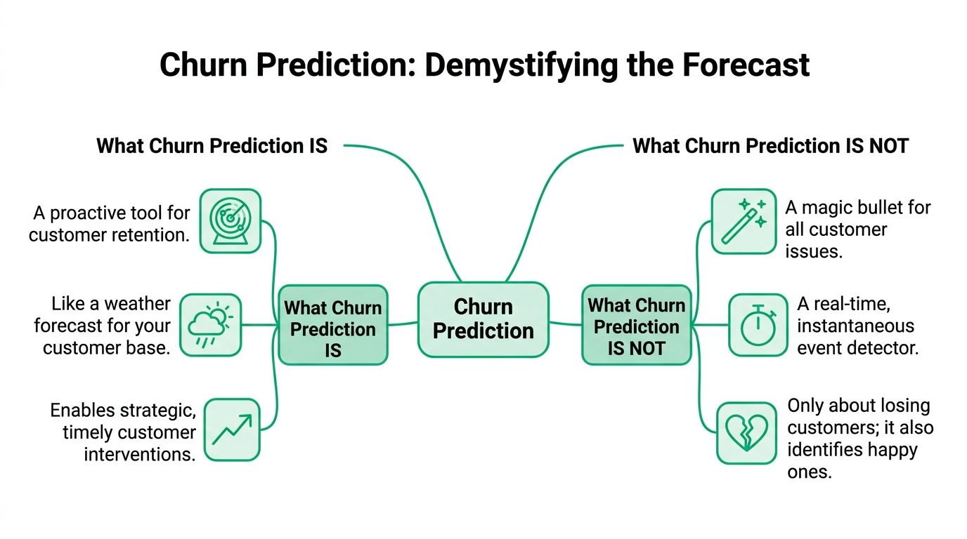 A mind map infographic explaining what churn prediction is and what it is not for customer retention.