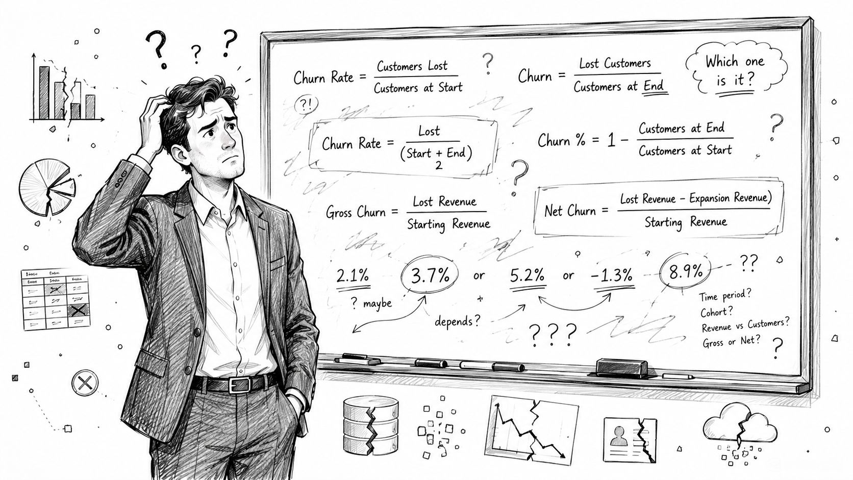 A confused businessman looks at various churn rate calculation formulas drawn on a whiteboard in an office.