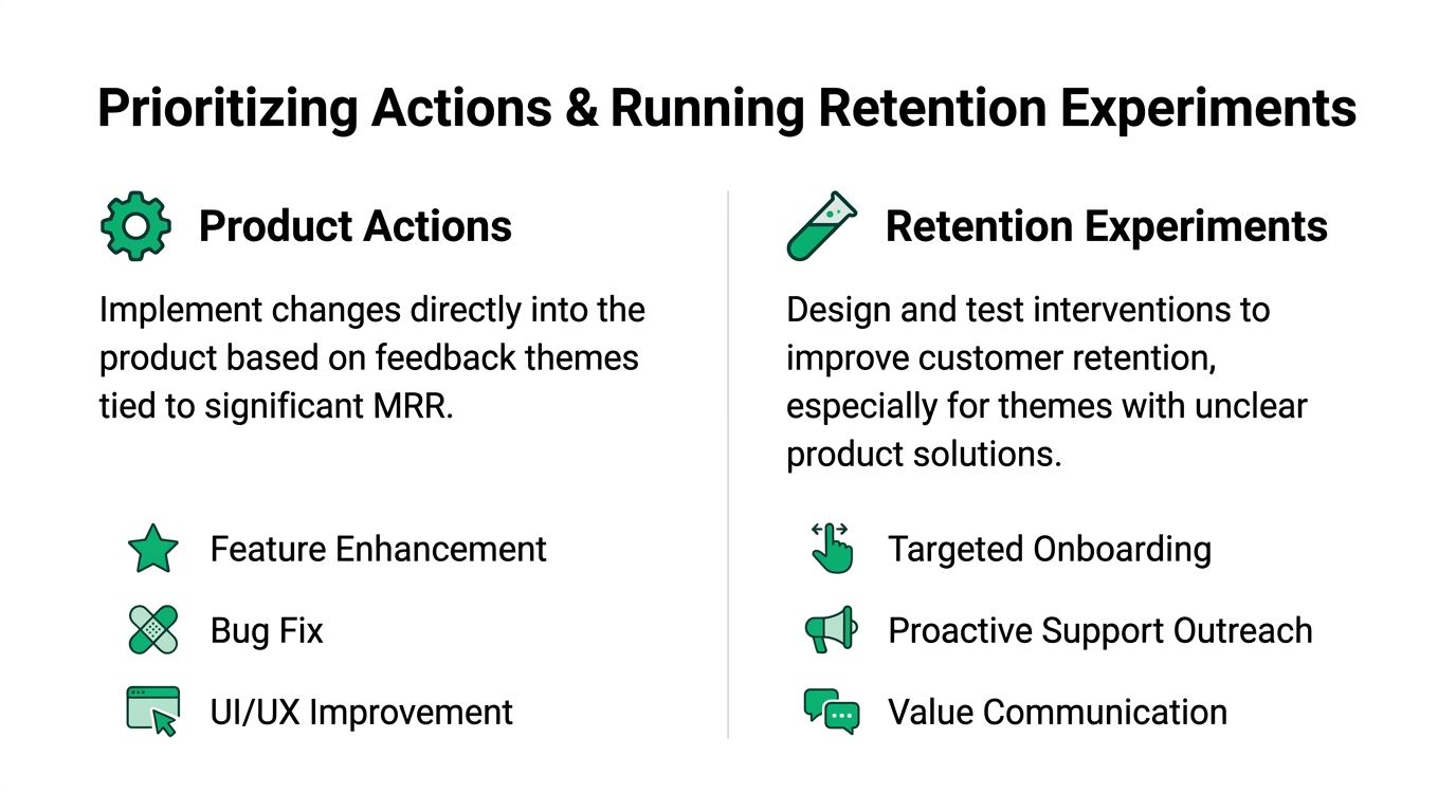 A diagram contrasting product actions like feature updates with retention experiments like targeted onboarding strategies.