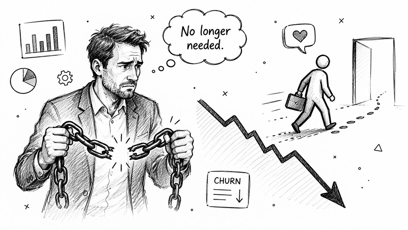 A line-art illustration showing a stressed businessman with broken chains, symbolizing customer churn and service departure.