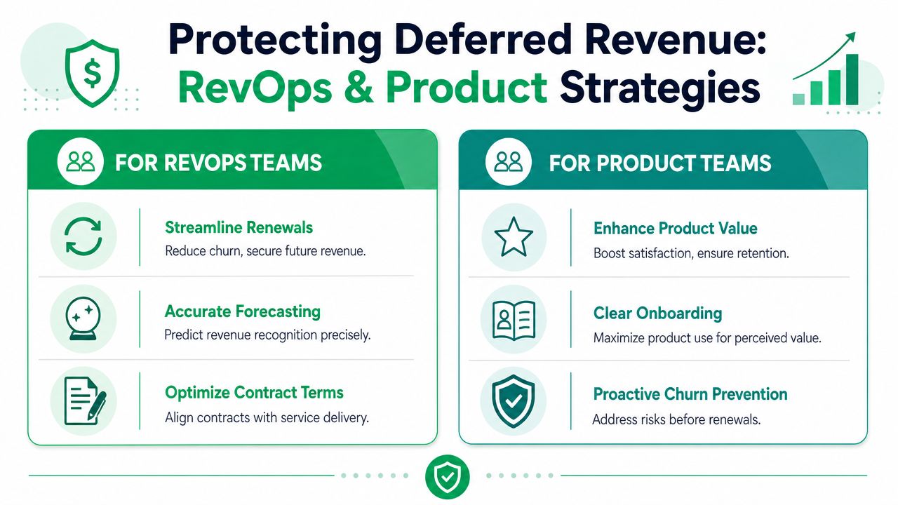An infographic detailing strategies for RevOps and product teams to protect and maintain deferred revenue.