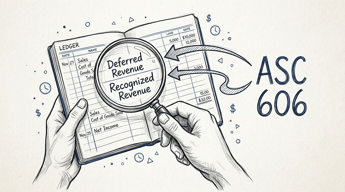 A hand holds a magnifying glass over a ledger showing Deferred Revenue and Recognized Revenue concepts.