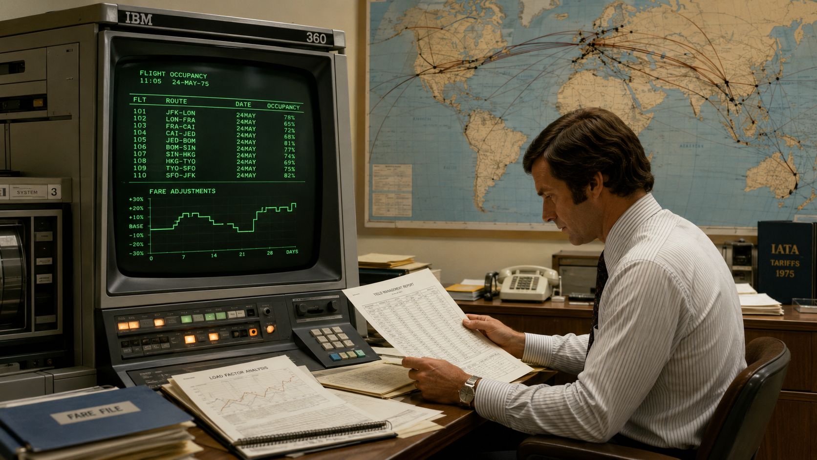 A professional in a 1970s office reviews yield management reports on a vintage IBM computer terminal.