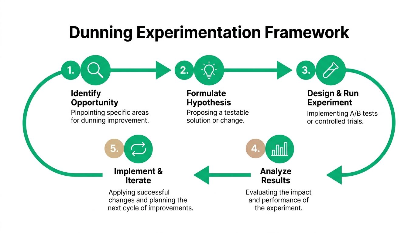 A diagram illustrating the Dunning Experimentation Framework consisting of five iterative steps from identification to implementation.