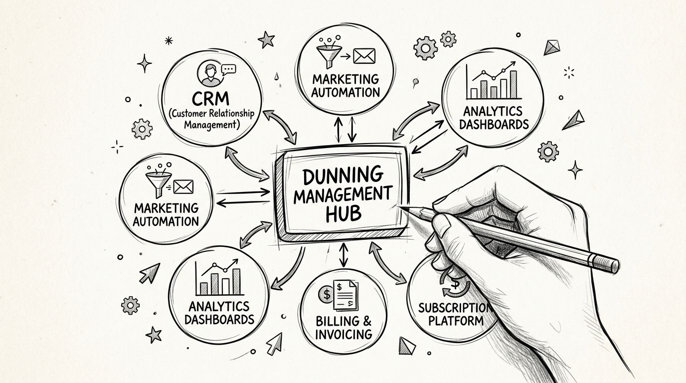 A hand-drawn sketch illustration of a Dunning Management Hub central platform connecting to various business software icons.