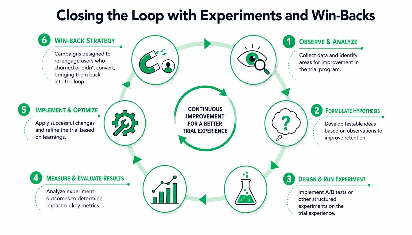 A circular diagram illustrating a six-step process for continuous improvement of a free trial program experience.
