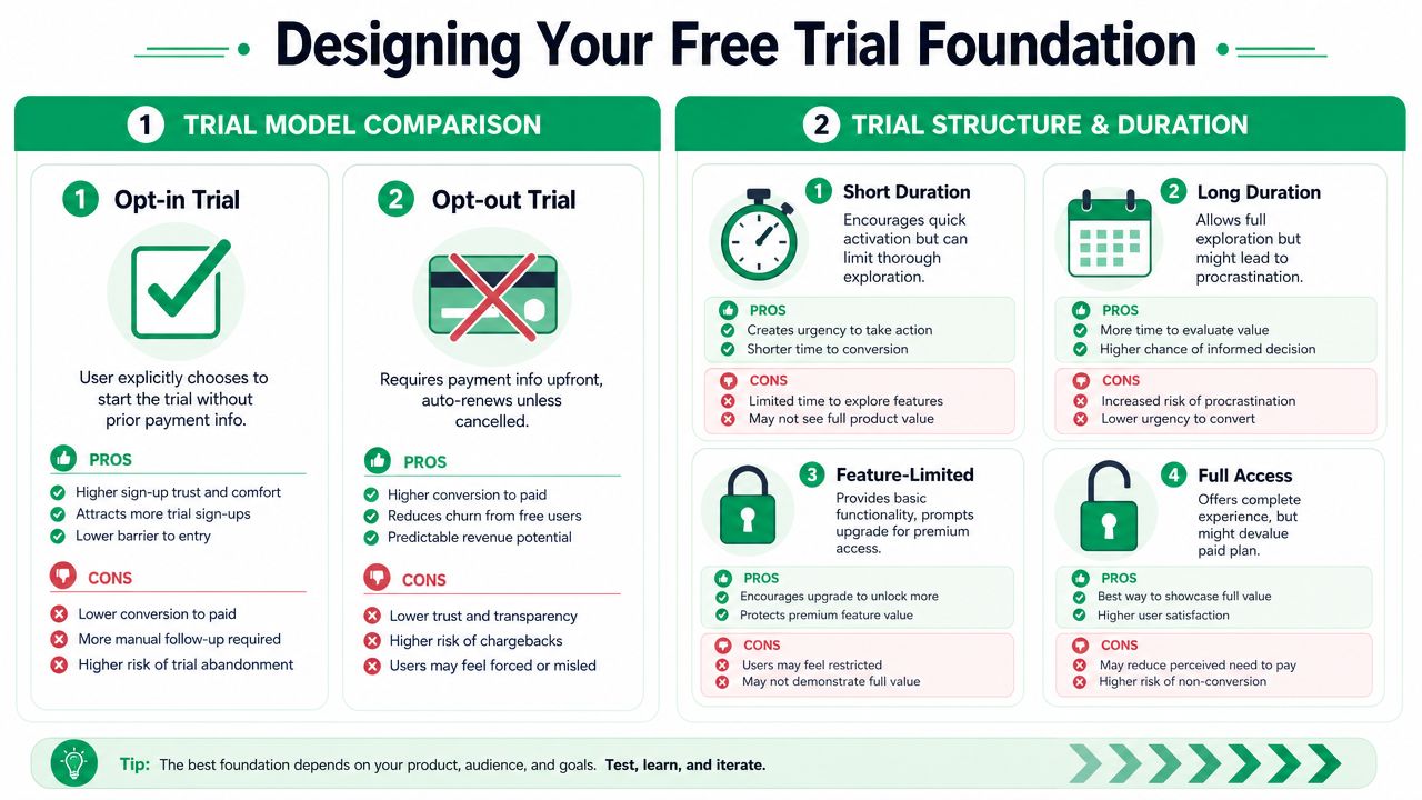 An infographic titled Designing Your Free Trial Foundation comparing opt-in and opt-out models with structure and duration strategies.