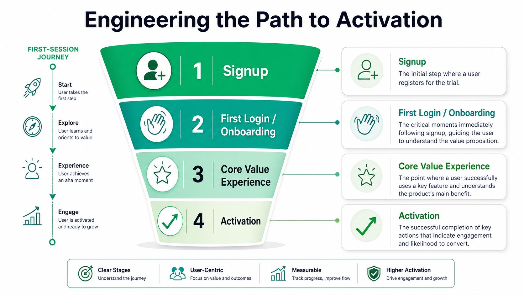 A conversion funnel diagram illustrating four key stages for engineering a successful user path to activation.