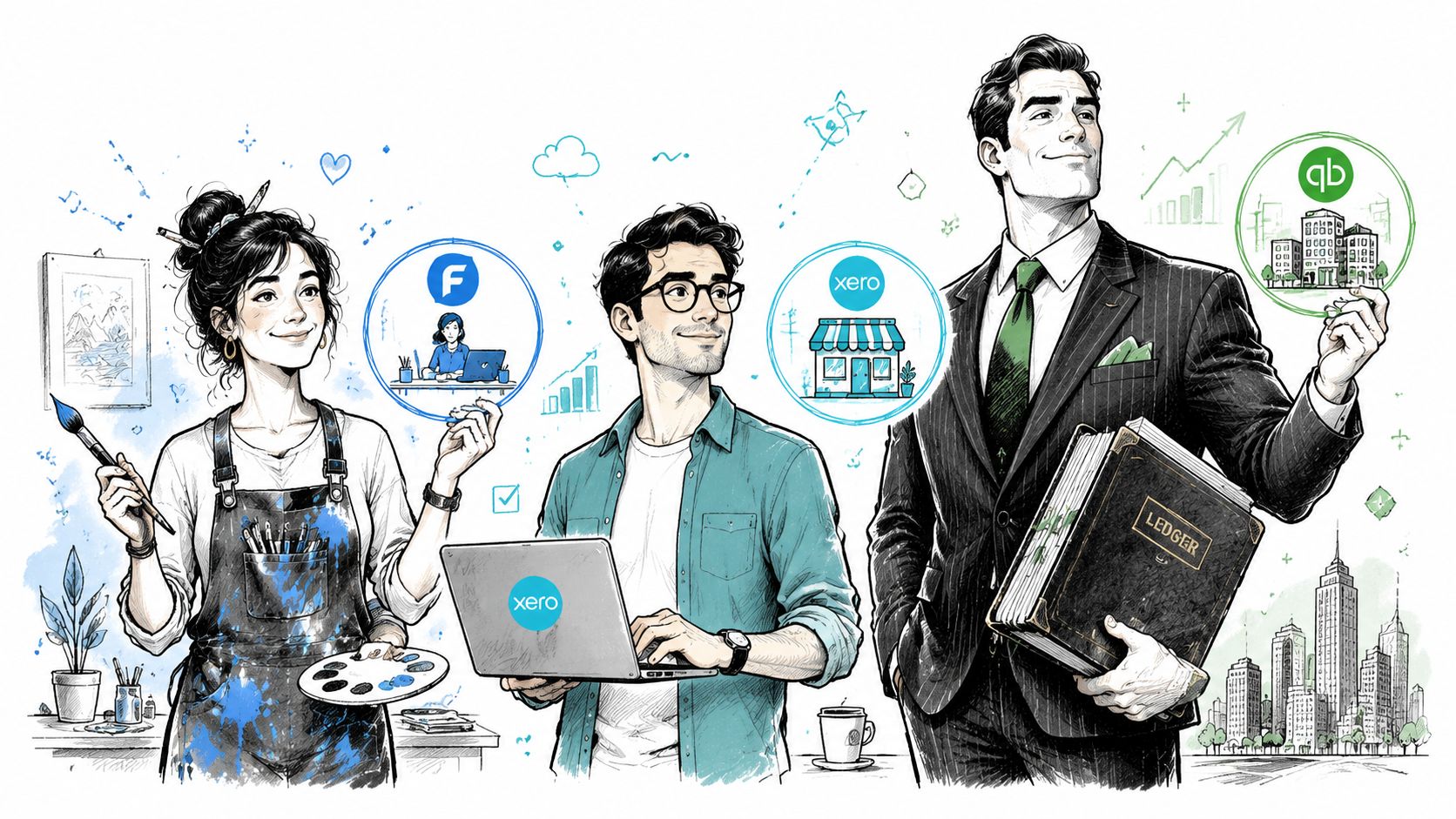 Illustration comparing FreshBooks, Xero, and QuickBooks accounting software through professional characters holding brand icons and a ledger.