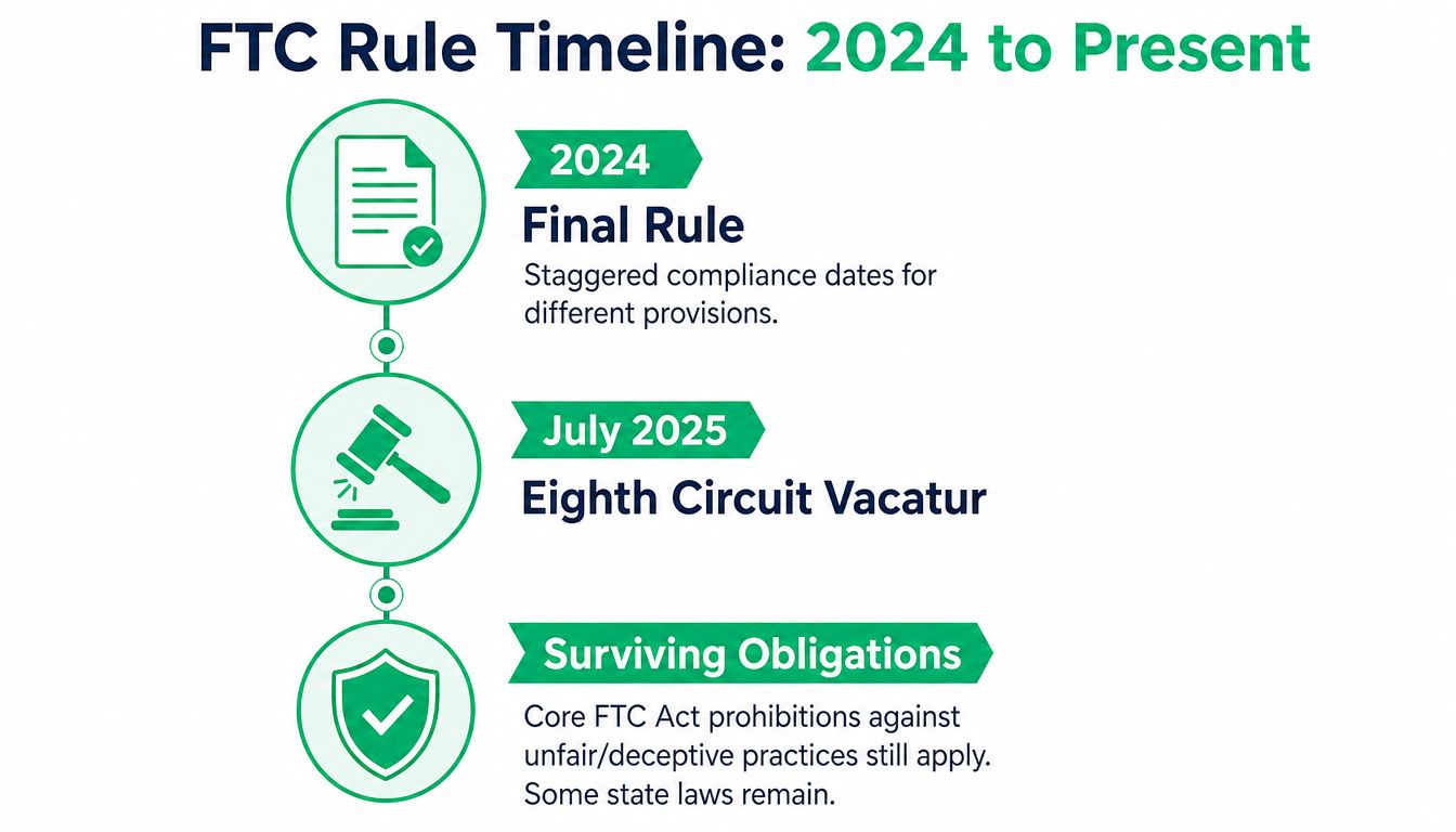 A timeline graphic showing the FTC rule progression from the 2024 final rule to July 2025.