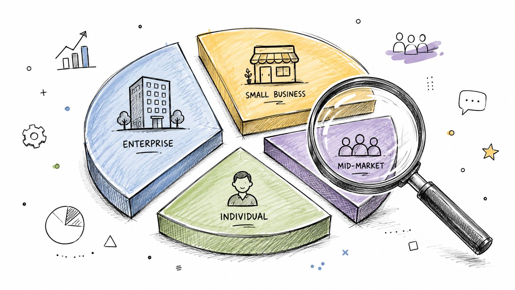 A hand-drawn illustration showing a business pie chart segmented into enterprise, small business, individual, and mid-market categories.