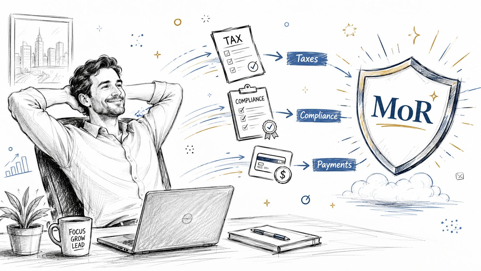 A relaxed business professional sitting at a desk with a laptop, visualizing MoR compliance, tax, and payment services.