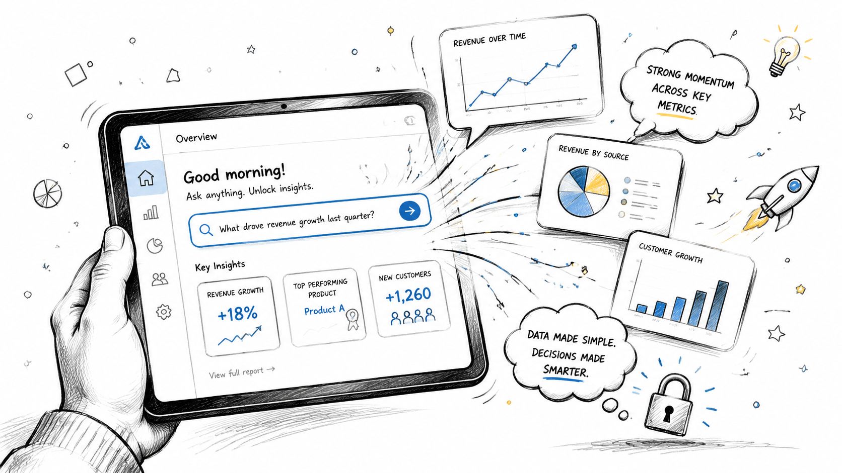 A hand holding a tablet displaying a natural language search interface for data analytics and business insights.