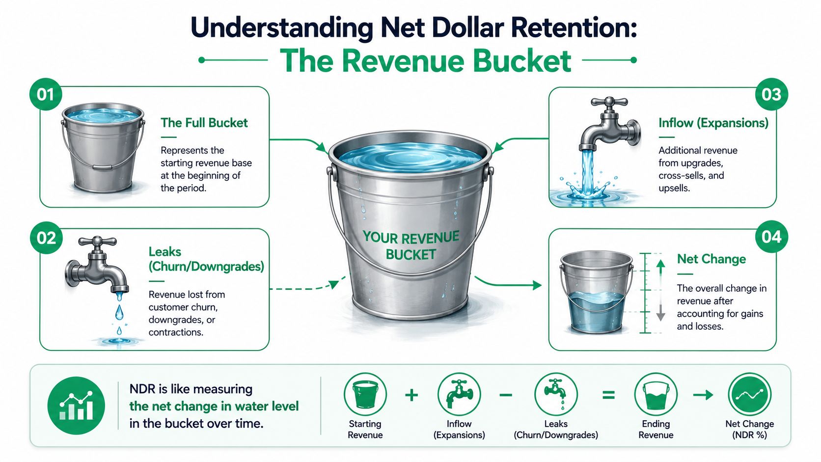 An infographic visualizing Net Dollar Retention as a water bucket representing revenue gains and losses.