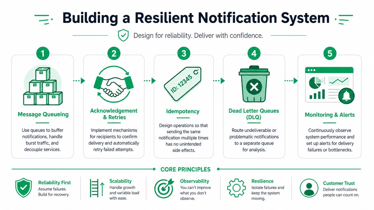 A flowchart detailing five essential steps to build a reliable and resilient system for sending notifications.