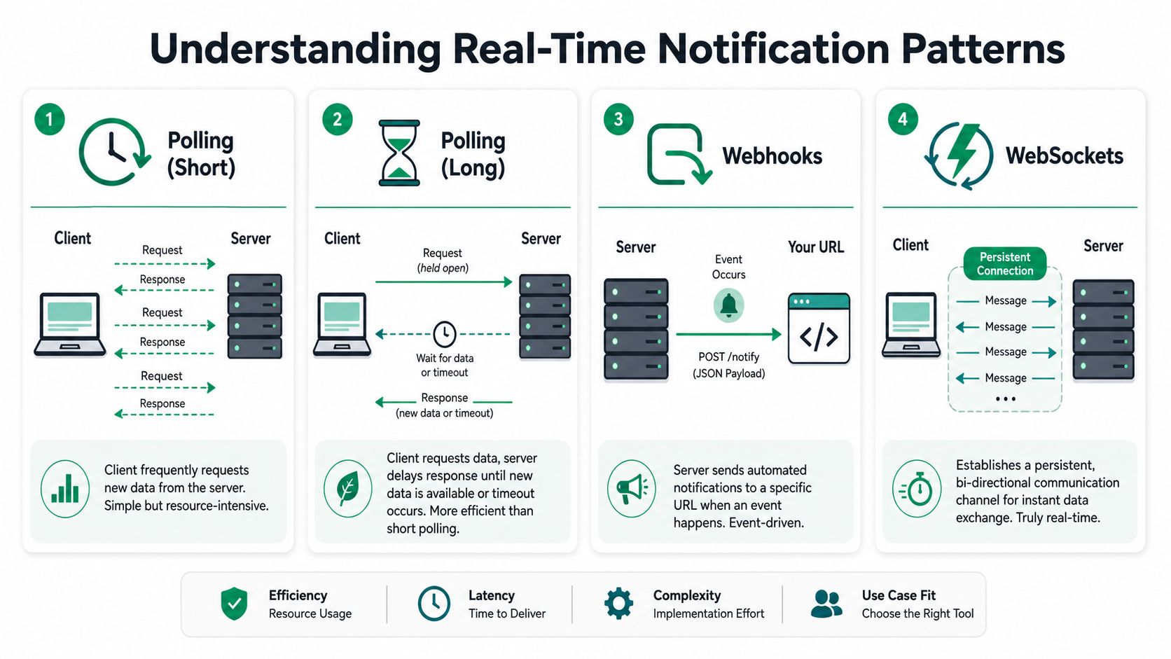 A diagram explaining four different real-time notification patterns including polling, long polling, webhooks, and WebSockets for data exchange.
