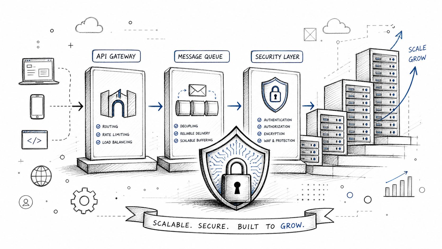 A hand-drawn illustration depicting a secure, scalable software architecture flow with API gateway, message queue, and security layer.