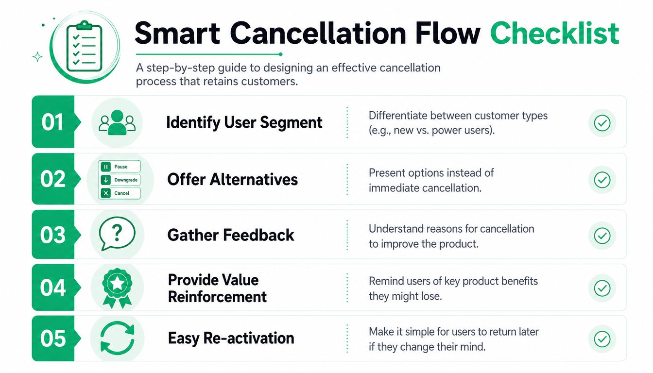 A checklist of five essential steps to design an effective customer cancellation flow that reduces churn.