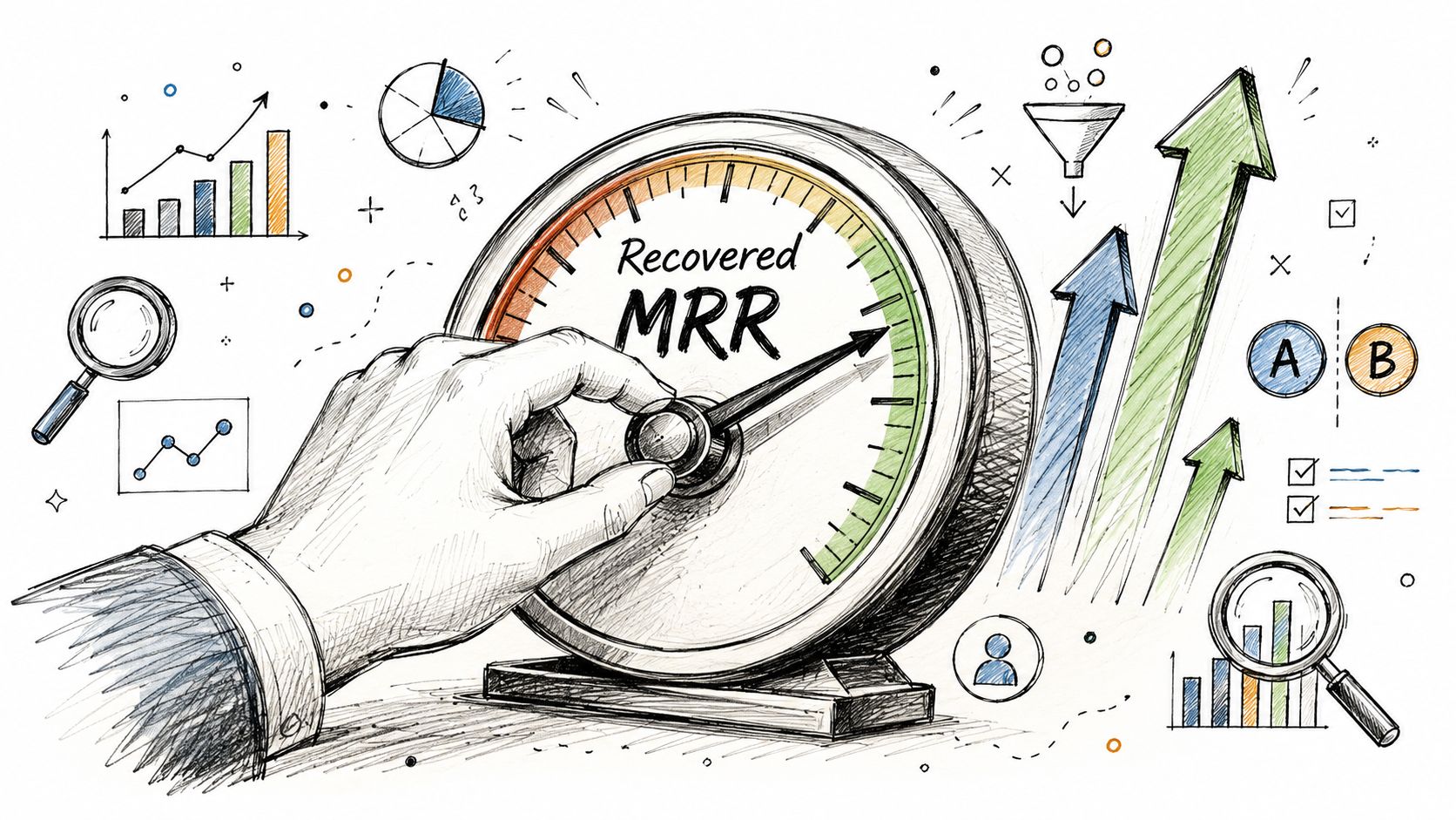 A hand turning a dial labeled Recovered MRR, surrounded by business charts, arrows, and growth icons.