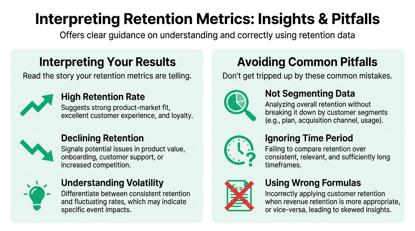 An infographic titled Interpreting Retention Metrics illustrating how to analyze retention results and avoid common data analysis pitfalls.