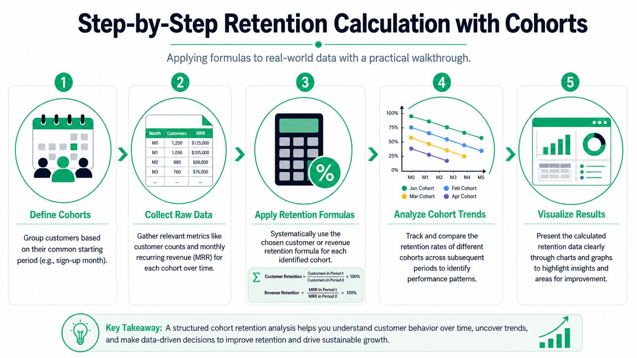 A five-step infographic showing the process of calculating customer retention through cohort analysis with formulas and visualizations.