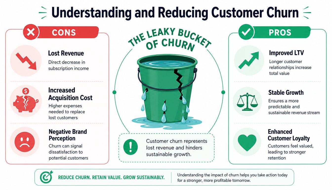 An infographic visualizing customer churn as a leaky bucket, detailing the pros and cons for businesses.