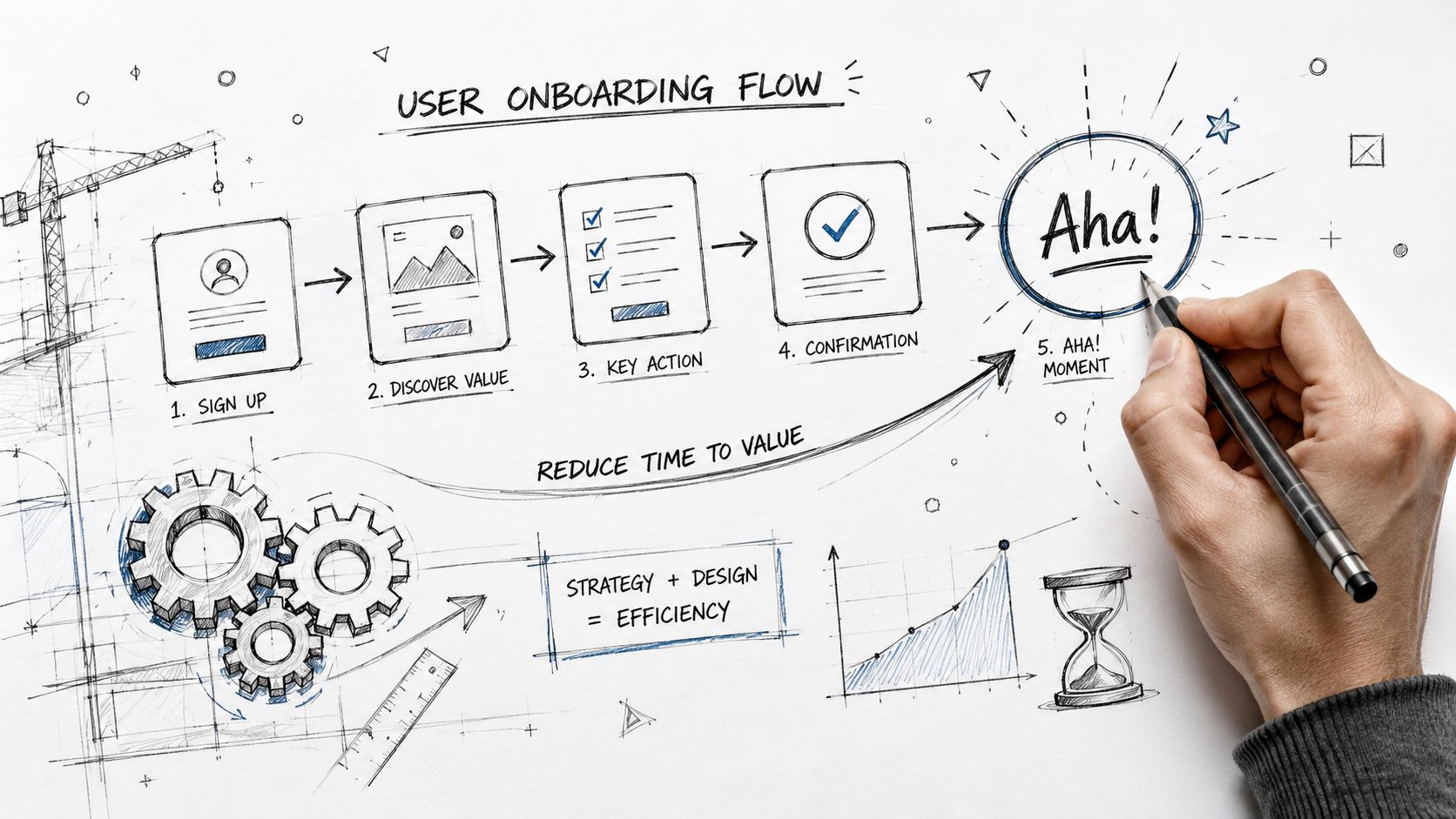 A hand-drawn diagram illustrating a user onboarding flow leading to an aha moment to improve value.