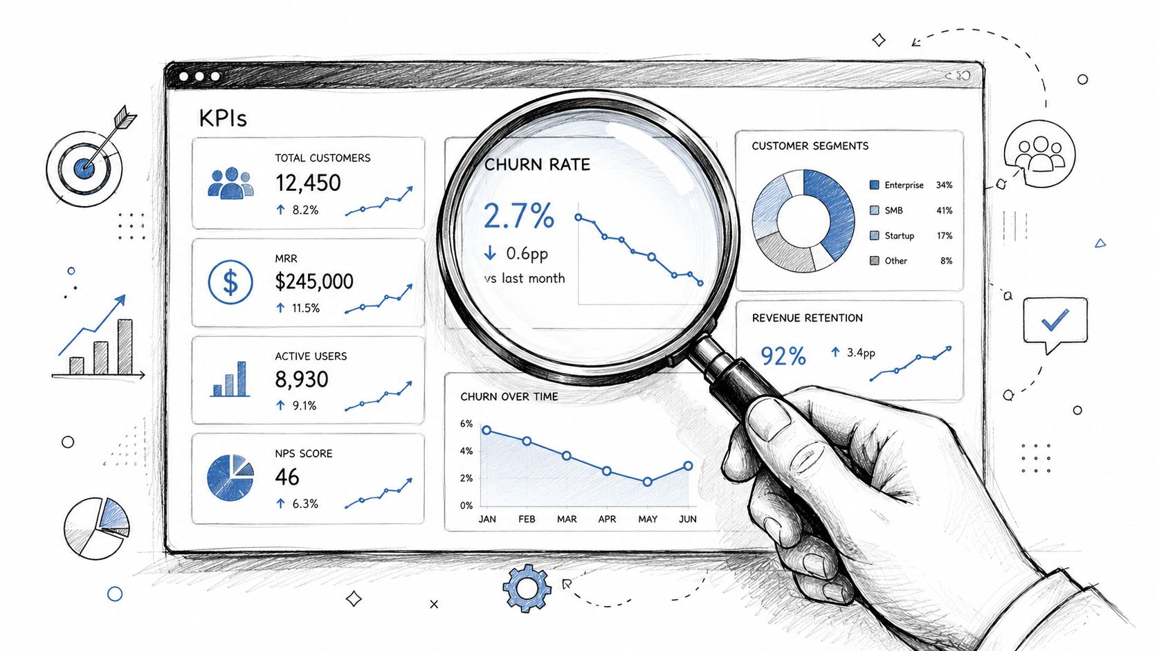 A hand holding a magnifying glass over a business dashboard showcasing key performance indicators and analytics.
