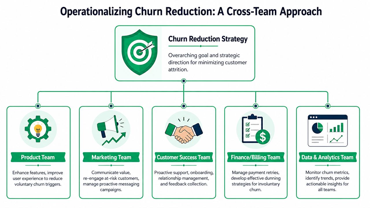 A diagram illustrating a cross-team approach to churn reduction involving product, marketing, customer success, finance, and data teams.