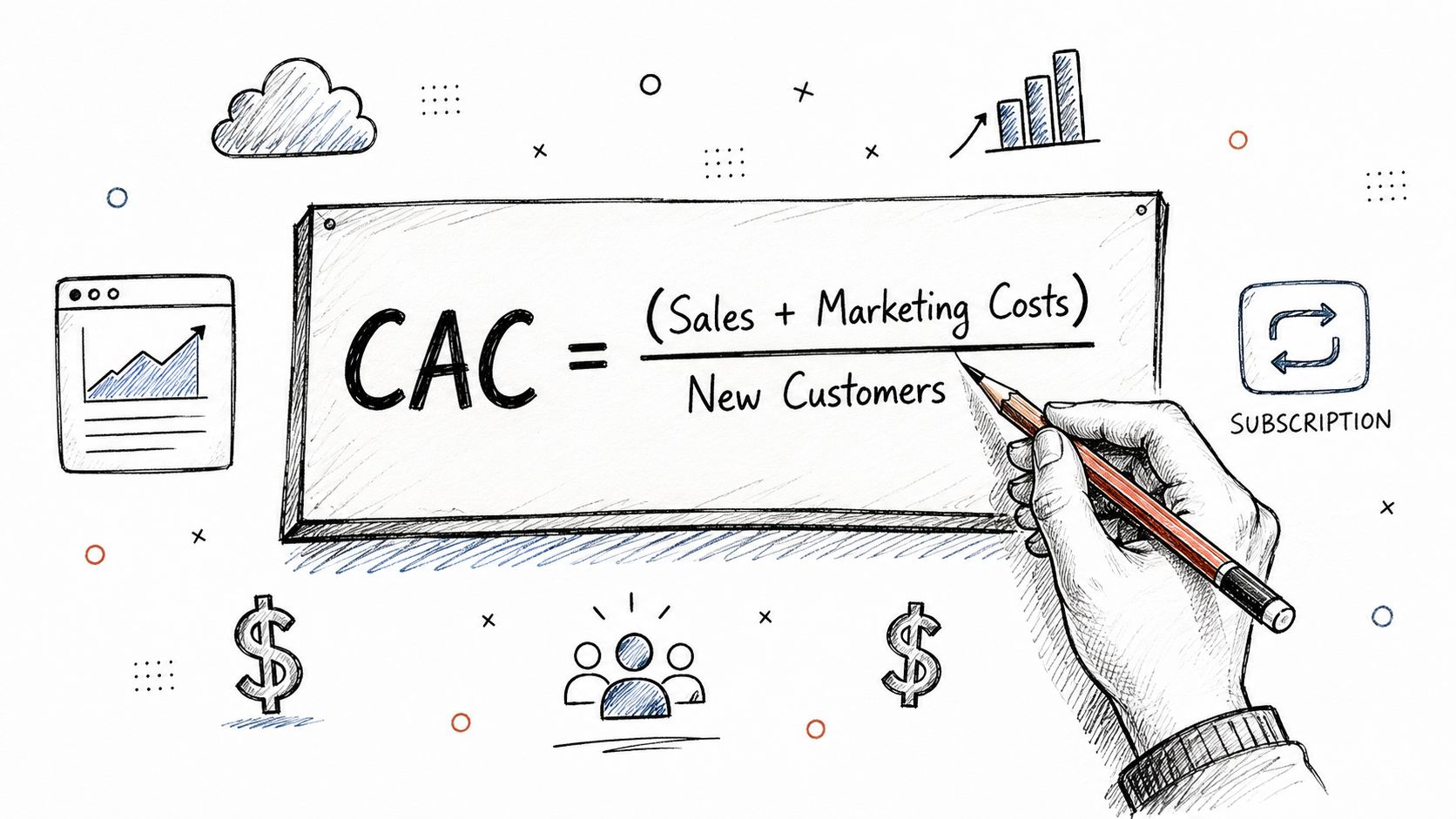 A hand drawing a formula for customer acquisition cost on a whiteboard with business and finance icons.