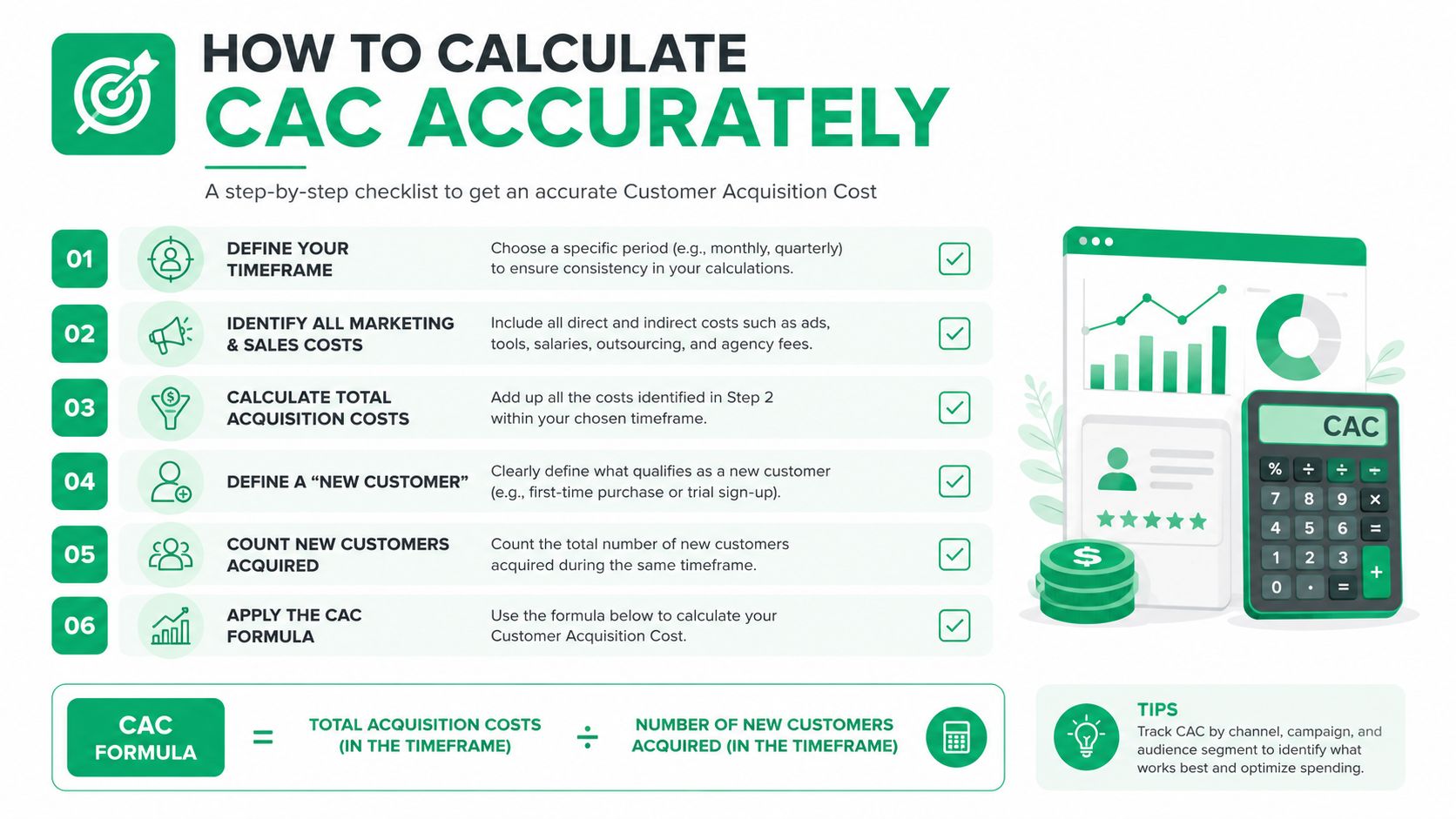 A step-by-step infographic showing how to calculate Customer Acquisition Cost with a clear formula.