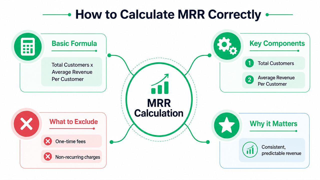 A visual infographic explaining the basic formula and key components for calculating monthly recurring revenue (MRR).