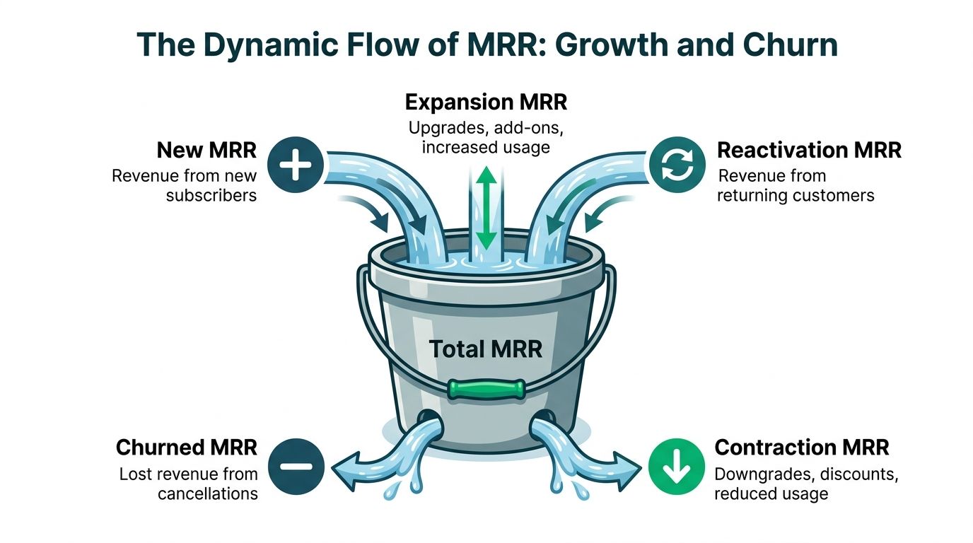 An infographic diagram illustrating the dynamic flow of Monthly Recurring Revenue, showing factors of growth and churn.