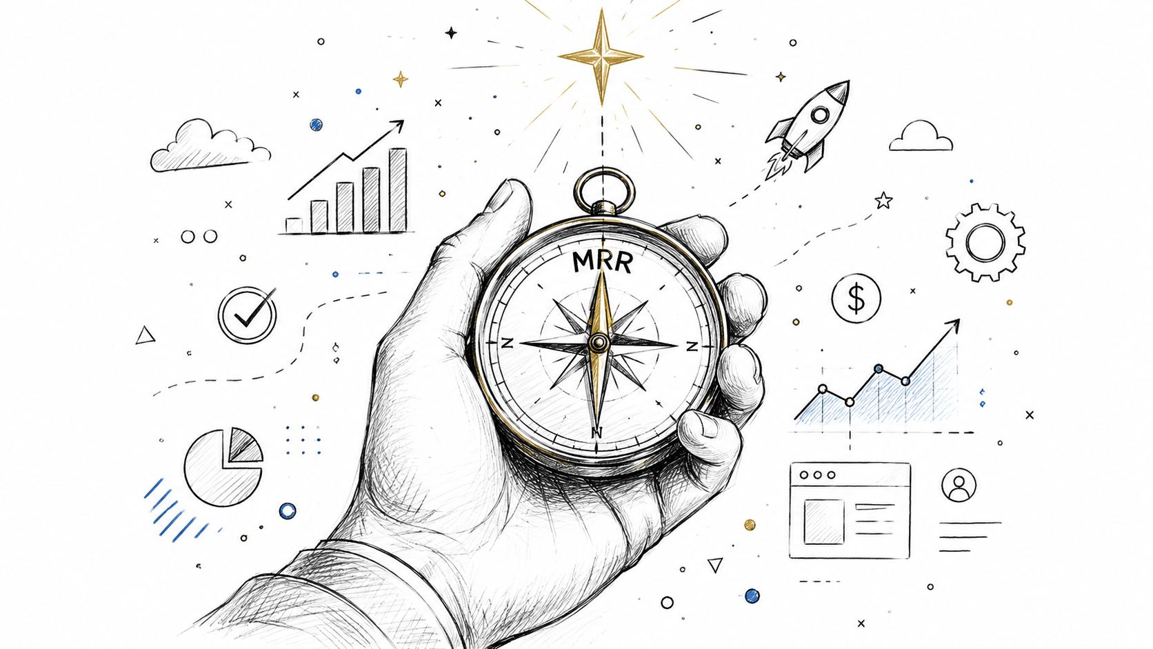 A hand holding a compass with the acronym MRR, surrounded by business and growth icons.