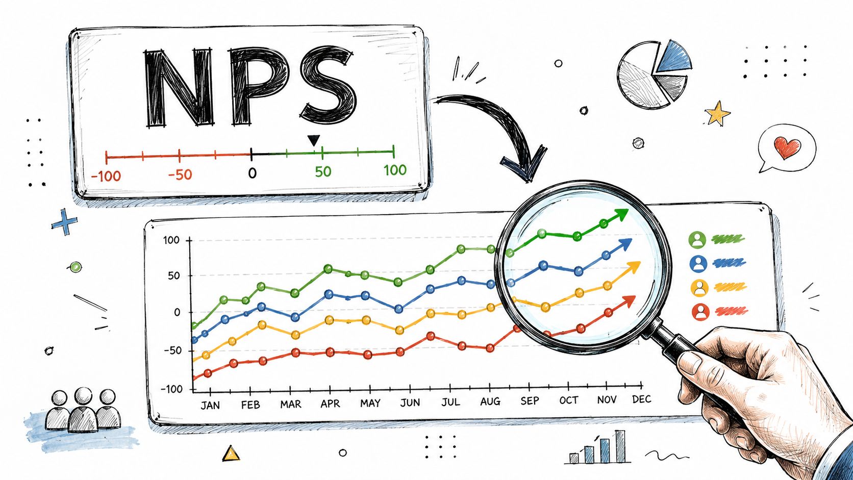 A hand holding a magnifying glass over a line graph illustrating positive trends in Net Promoter Scores.