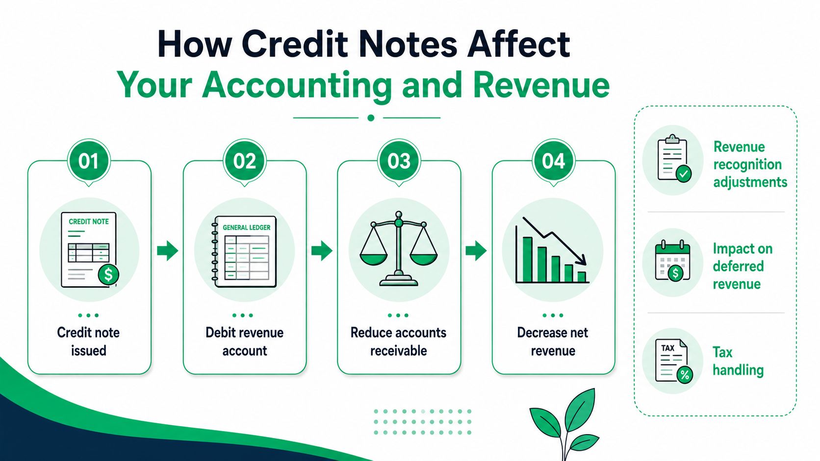 A four-step infographic illustrating how credit notes impact accounting, revenue, and accounts receivable in business.